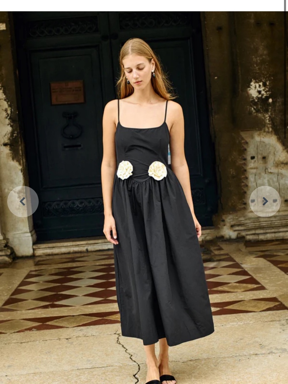Ciao Lucia Black Spaghetti-Strap Midi Dress with Cream Floral Waist Appliqués